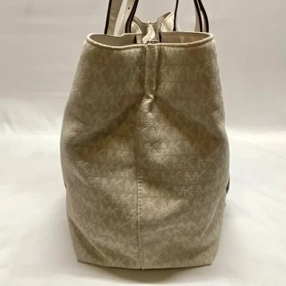 Michael Kors Griffin Large Logo‎ Tote Natural Jacqard Canvas Leather Trim GUC